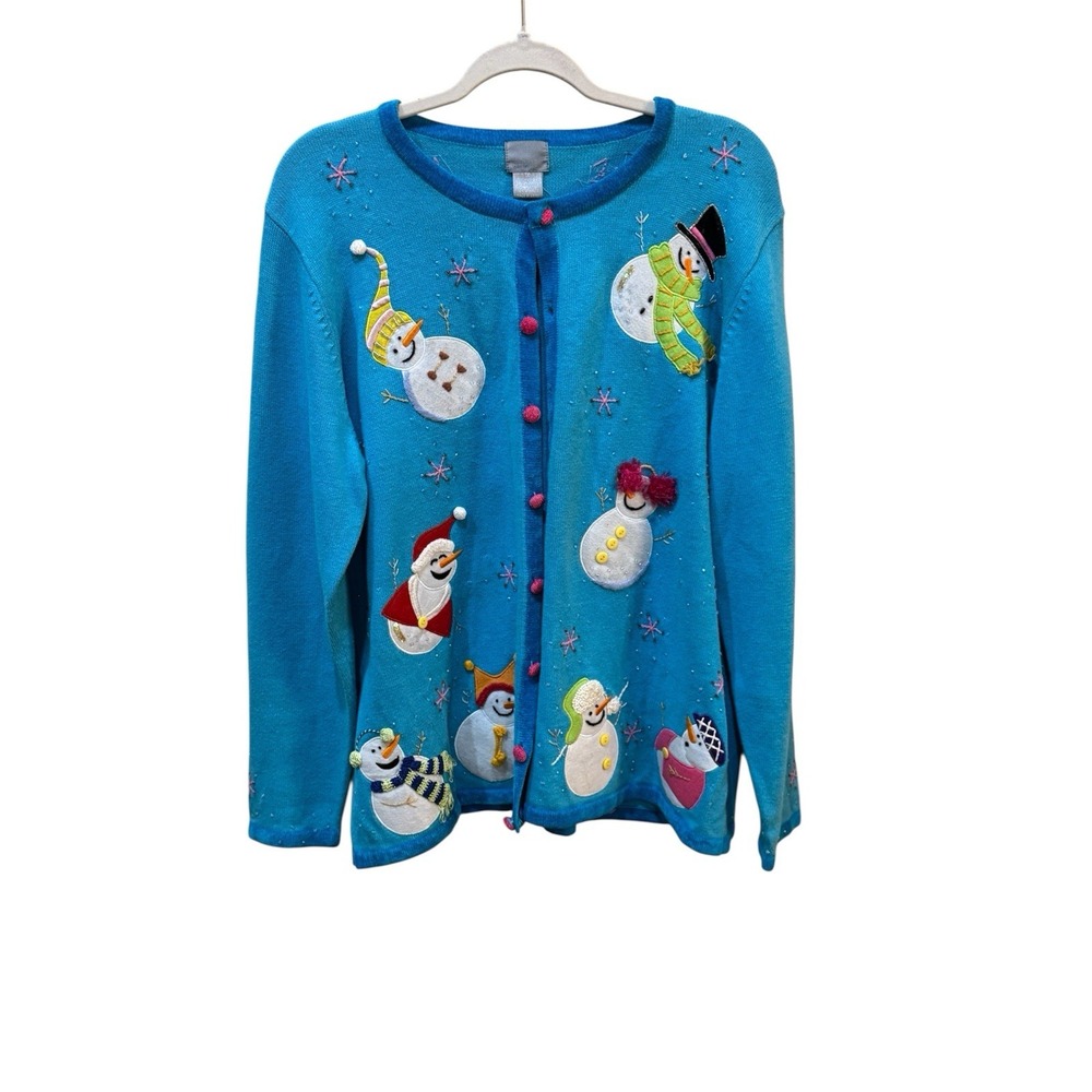 BEREK‎ WINTER SNOWMAN Cardigan Sweater Beaded Size 1X Blue Holiday Appliqué
